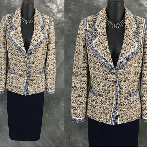 NWT NEW St John knit Fawn blue white beige multi jacket skirt suit size 8 10 - Picture 2 of 8